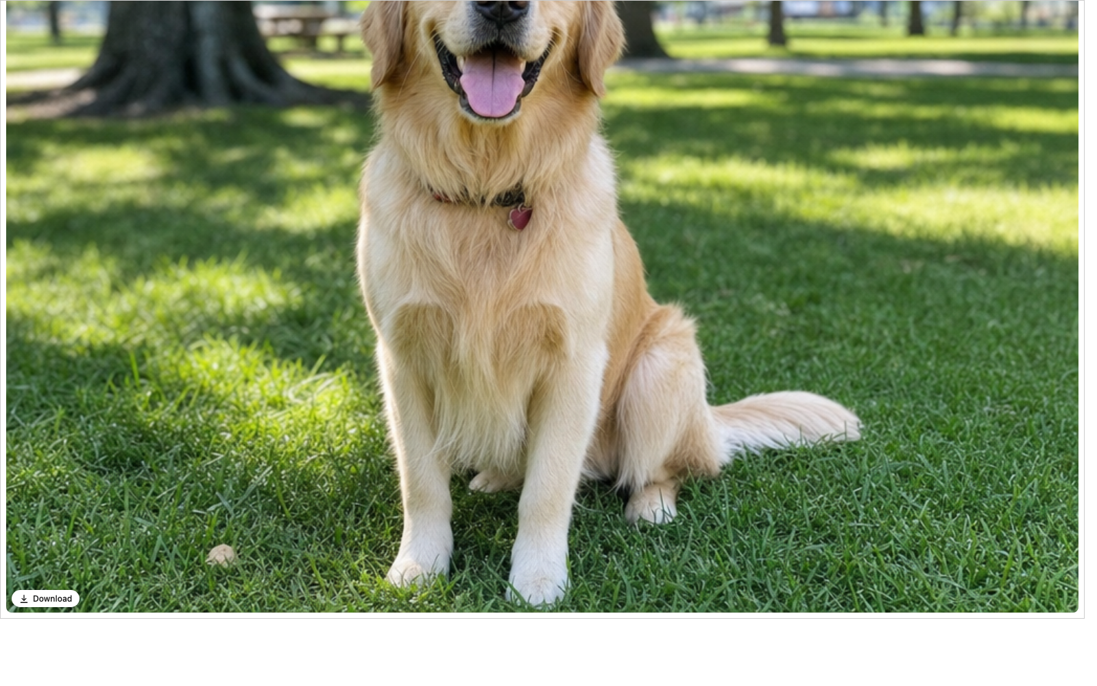 The gallery widget in the stand-in host showing the dog image with the Download pill at bottom left